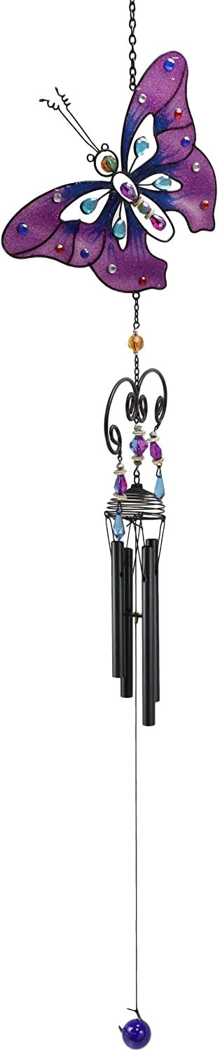 Ebros Gift Ebros Stained Glass Purple Butterfly With Gems And Copper Wind Chime 34" Long