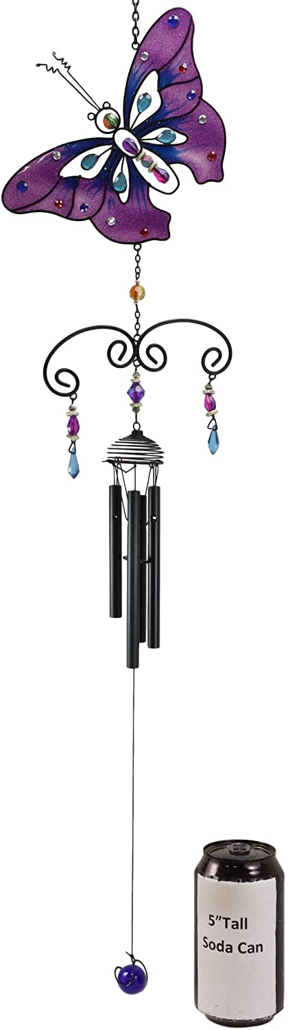 Ebros Gift Ebros Stained Glass Purple Butterfly With Gems And Copper Wind Chime 34" Long