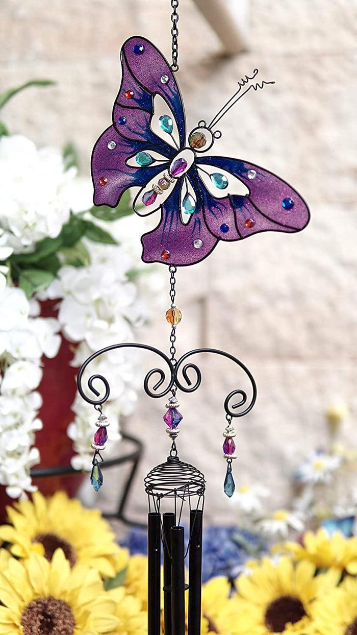 ebros gift Ebros Stained Glass Purple Butterfly with Gems and Copper Wind Chime 34" Long