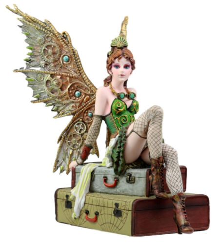 Ebros Gift Ebros Steampunk Burlesque Traveler Fairy Sitting On Suitcases Figurine 9" H Victorian Atlas Globe Faerie With Clockwork Wings (Suitcase Atlas)