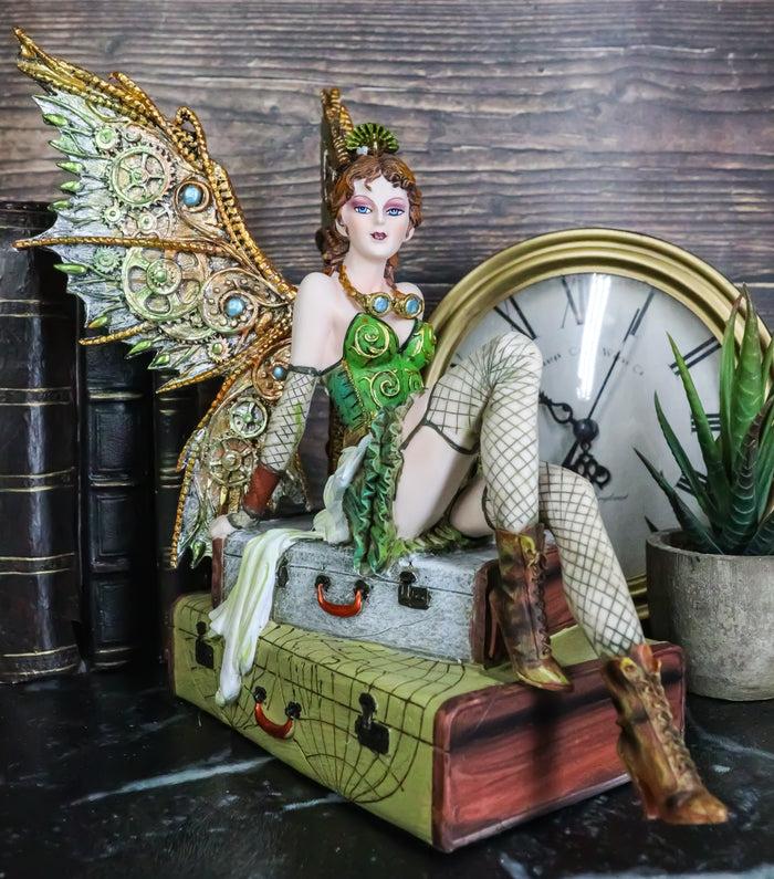 ebros gift Ebros Steampunk Burlesque Traveler Fairy Sitting On Suitcases Figurine 9" H Victorian Atlas Globe Faerie with Clockwork Wings (Suitcase Atlas)