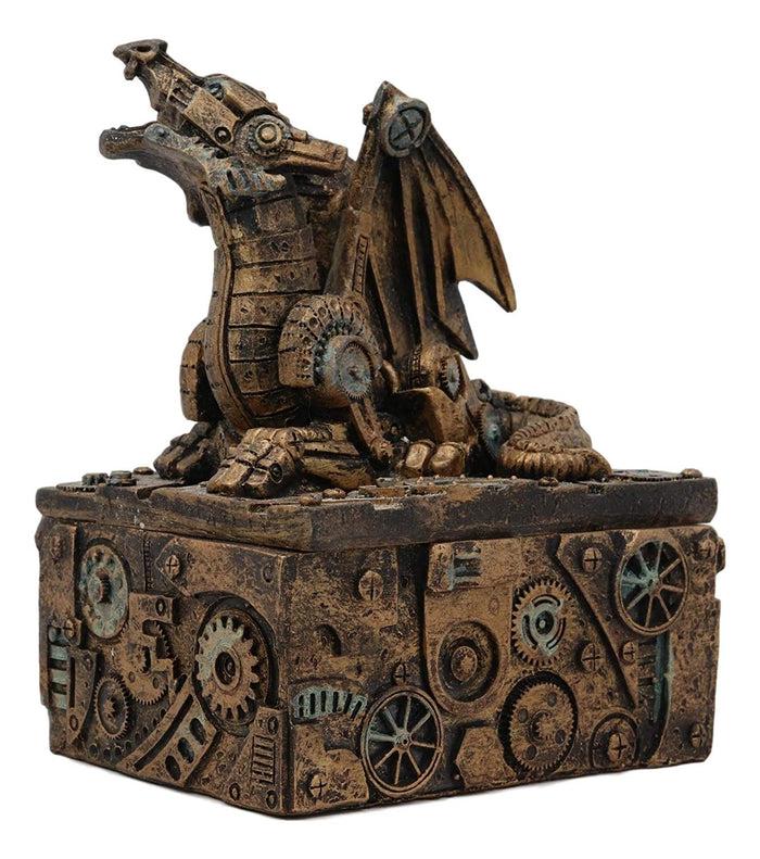 Ebros Gift Ebros Steampunk Roaring Dragon Faux Bronze Trinket Jewelry Box Vintage Style Cyborg Robotic Dragons Gearwork Clockwork Sculpted Decorative Boxes