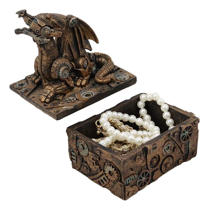 Ebros Gift Ebros Steampunk Roaring Dragon Faux Bronze Trinket Jewelry Box Vintage Style Cyborg Robotic Dragons Gearwork Clockwork Sculpted Decorative Boxes