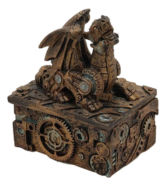 ebros gift Ebros Steampunk Roaring Dragon Faux Bronze Trinket Jewelry Box Vintage Style Cyborg Robotic Dragons Gearwork Clockwork Sculpted Decorative Boxes