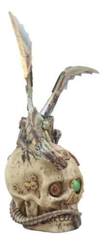 Ebros Gift Ebros Steampunk Robotic Dragon Perching On Cyborg Terminator Skull Statue 12" Tall Victorian Sci Fi Legendary Dragon Collectible