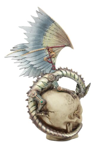 Ebros Gift Ebros Steampunk Robotic Dragon Perching On Cyborg Terminator Skull Statue 12" Tall Victorian Sci Fi Legendary Dragon Collectible