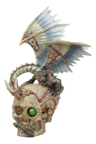 ebros gift Ebros Steampunk Robotic Dragon Perching On Cyborg Terminator Skull Statue 12" Tall Victorian Sci Fi Legendary Dragon Collectible