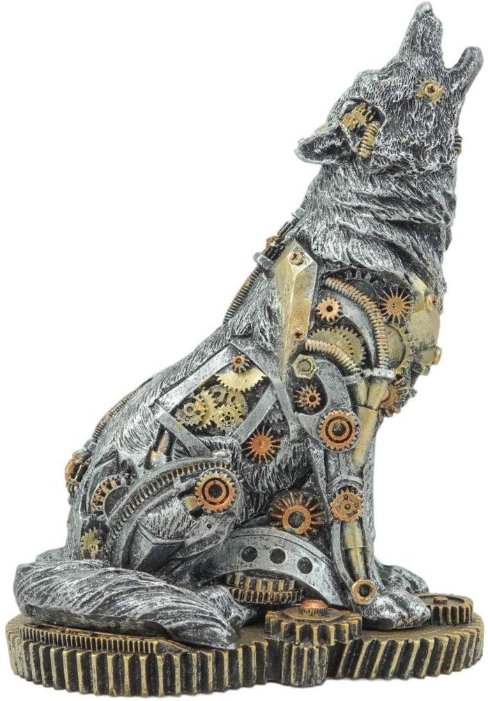 Ebros Gift Ebros Steampunk Silver Alpha Wolf Howling Statue With Gears Base 7.5"H Figurine