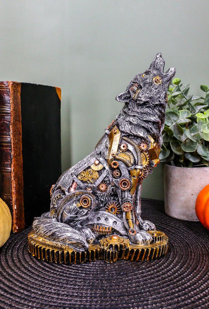 Ebros Gift Ebros Steampunk Silver Alpha Wolf Howling Statue With Gears Base 7.5"H Figurine