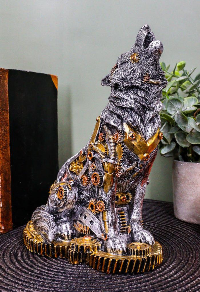 ebros gift Ebros Steampunk Silver Alpha Wolf Howling Statue with Gears Base 7.5"H Figurine