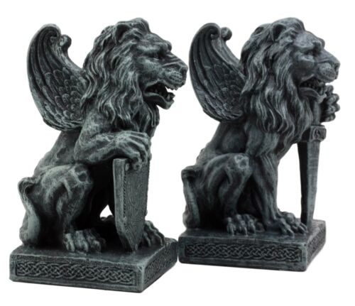 Ebros Gift Ebros Stoic Notre Dame Roaring Lion Heart Sword & Shield Bearer Gargoyle Figurine Set