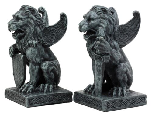 Ebros Gift Ebros Stoic Notre Dame Roaring Lion Heart Sword & Shield Bearer Gargoyle Figurine Set
