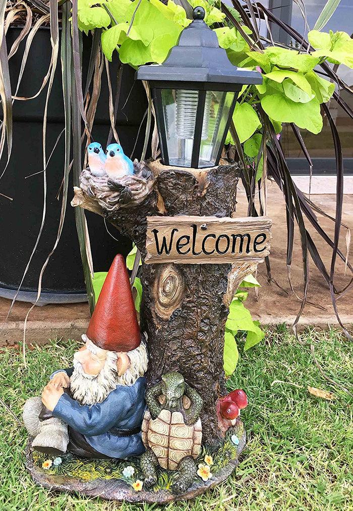 ebros gift Ebros Summer Slumber Garden Gnome With Buddy Turtle Solar Path LED Light Garden Statue