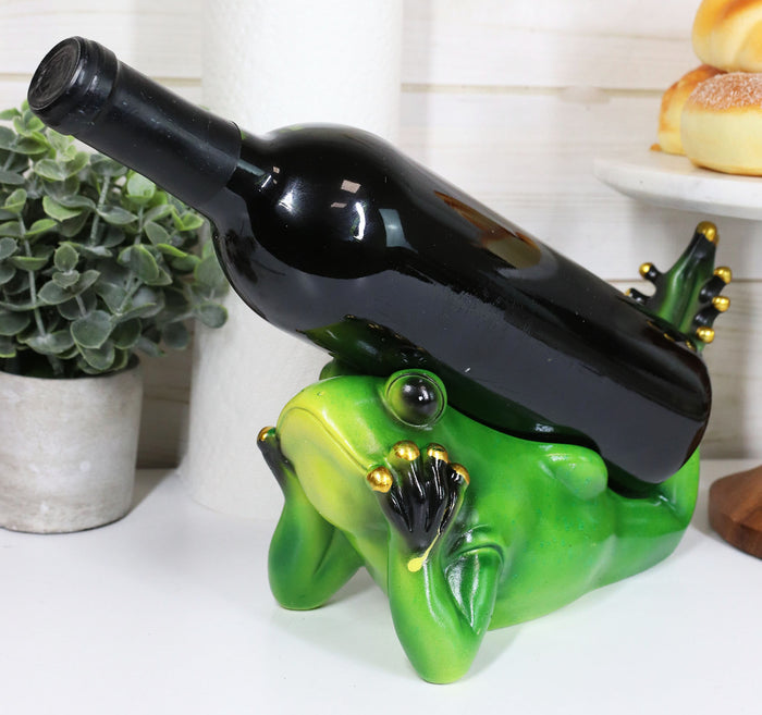 ebros gift Ebros Sunbathing Rainforest Green Frog Toad On His Belly Wine Holder Caddy Figurine