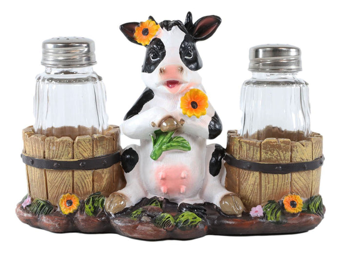 Ebros Gift Ebros Sunflower Bovine Cow With Two Country Barrels Salt And Pepper Shakers Set