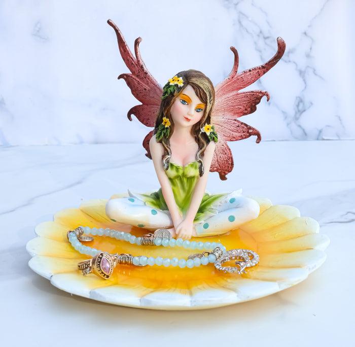 ebros gift Ebros Sunflower Fairy Jewelry Dish Statue Forest Nymph Soap Dish Figurine 6" Long