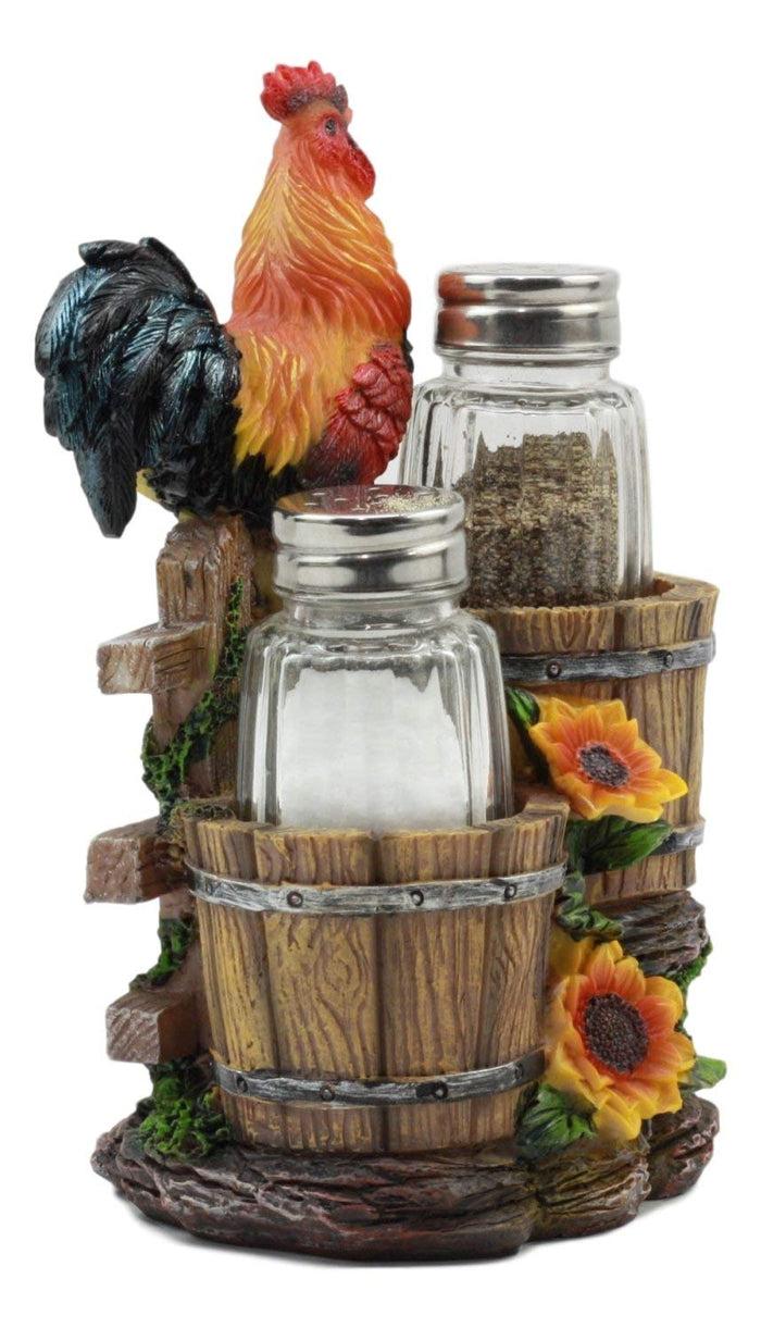 Ebros Gift Ebros Sunflower Farm Crowing Rooster Standing On Fence By Old Fashioned Wooden Buckets Glass Salt And Pepper Shakers Holder Figurine 6.5"H Chicken Country Western Decorative Sculpture