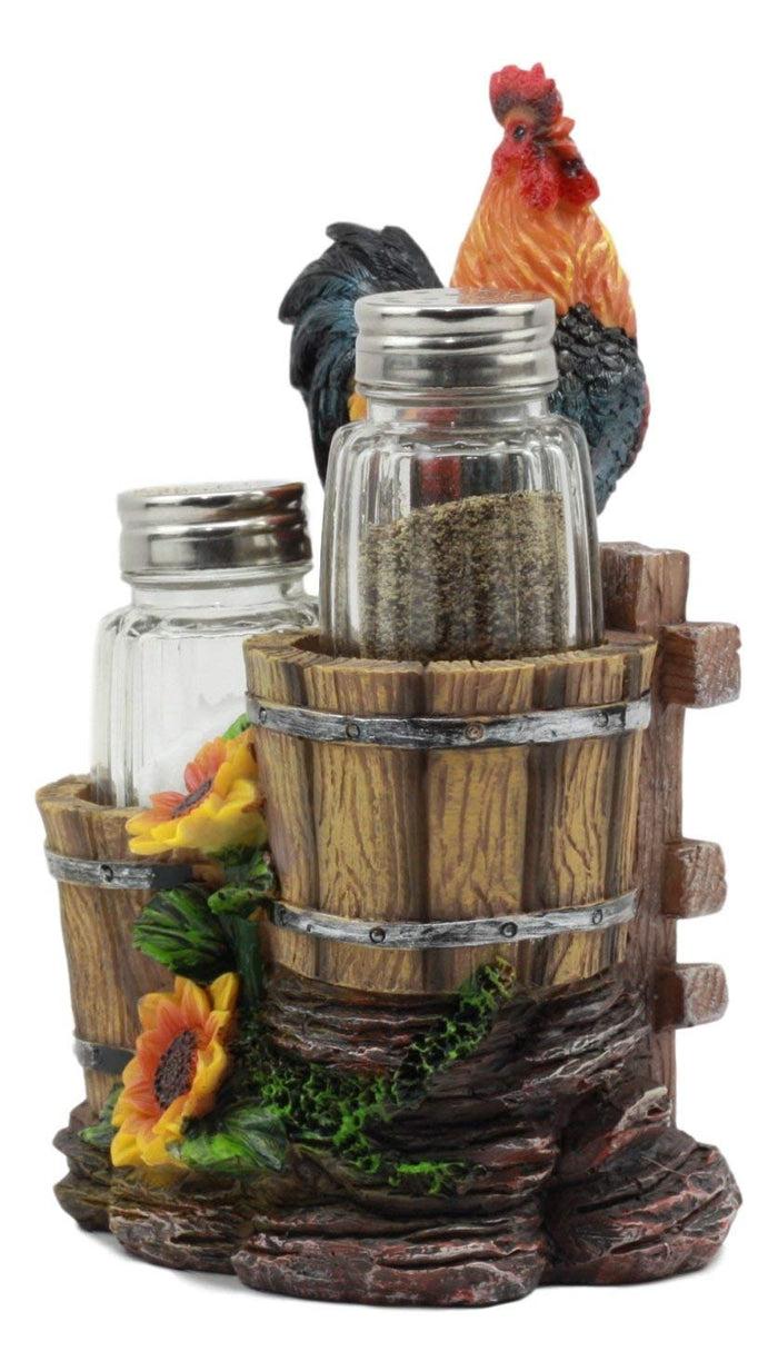 Ebros Gift Ebros Sunflower Farm Crowing Rooster Standing On Fence By Old Fashioned Wooden Buckets Glass Salt And Pepper Shakers Holder Figurine 6.5"H Chicken Country Western Decorative Sculpture