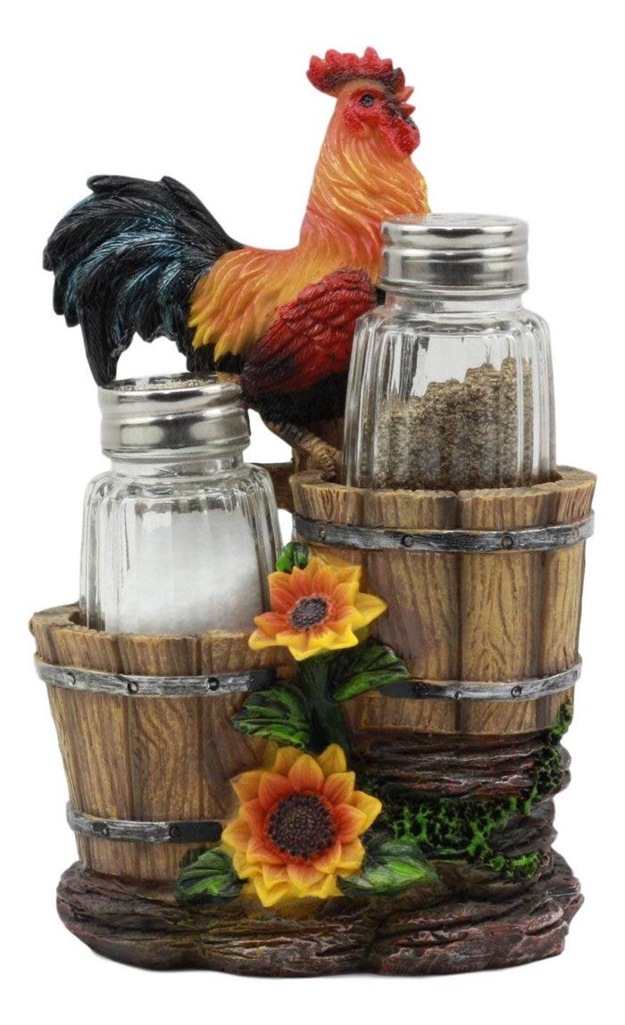Ebros Gift Ebros Sunflower Farm Crowing Rooster Standing On Fence By Old Fashioned Wooden Buckets Glass Salt And Pepper Shakers Holder Figurine 6.5"H Chicken Country Western Decorative Sculpture