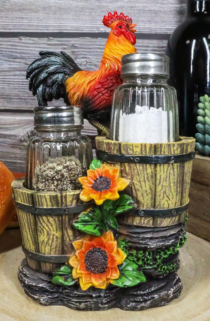 ebros gift Ebros Sunflower Farm Crowing Rooster Standing On Fence By Old Fashioned Wooden Buckets Glass Salt And Pepper Shakers Holder Figurine 6.5"H Chicken Country Western Decorative Sculpture
