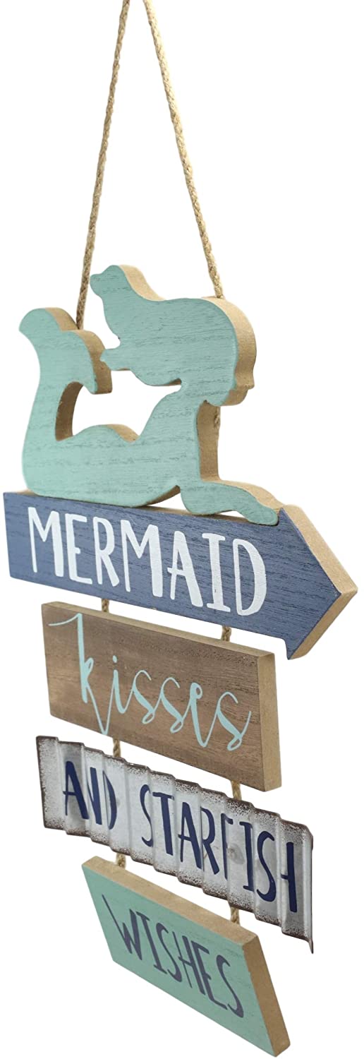 Ebros Gift Ebros Teal Mermaid Wall Decor Sign Mermaid Kisses & Starfish Wishes Plaque 13"H