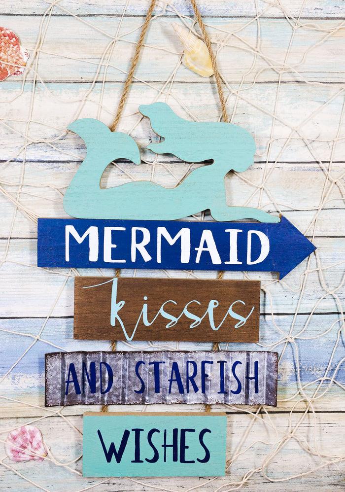 ebros gift Ebros Teal Mermaid Wall Decor Sign Mermaid Kisses & Starfish Wishes Plaque 13"H