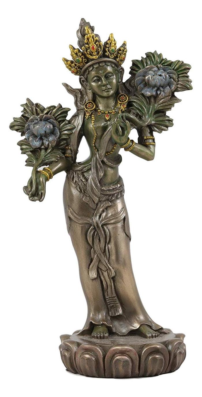 Ebros Gift Ebros Tibetan Buddhism Arya Khadiravani Green Tara With Utpala Flowers Statue 8.25" Tall