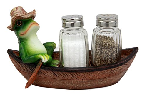 ebros gift Ebros Toad Croak Creek Canoe Frog With Cowboy Hat Rowing Boat Salt Pepper Shakers Holder Figurine 7"L