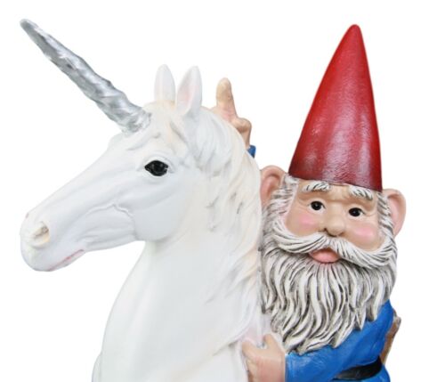 Ebros Gift Ebros Toadstool Gnome Riding Unicorn Statue 14"Tall Alexander & Bucephalus Pose