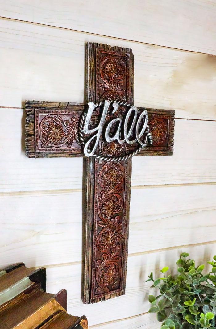 Ebros Gift Ebros Tooled Red Floral Vines Design Southwestern Yall Wall Cross Decor 13.5" H