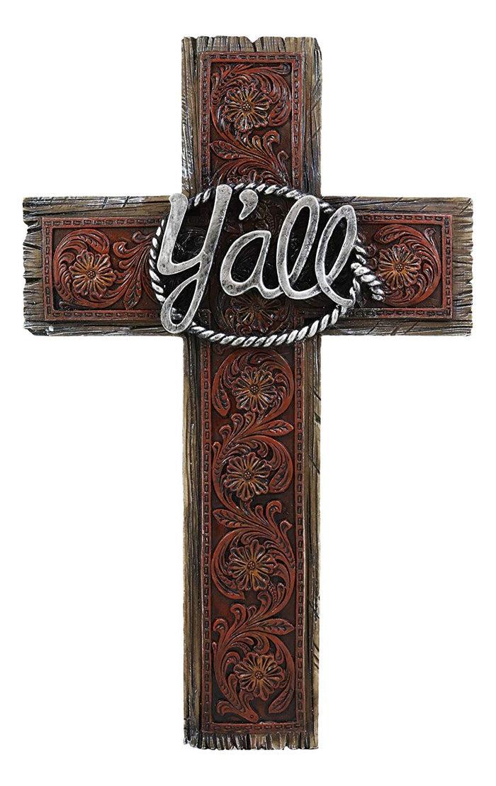 Ebros Gift Ebros Tooled Red Floral Vines Design Southwestern Yall Wall Cross Decor 13.5" H