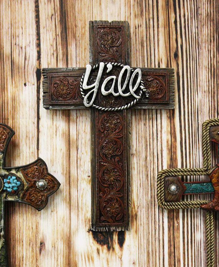ebros gift Ebros Tooled Red Floral Vines Design Southwestern Yall Wall Cross Decor 13.5" H
