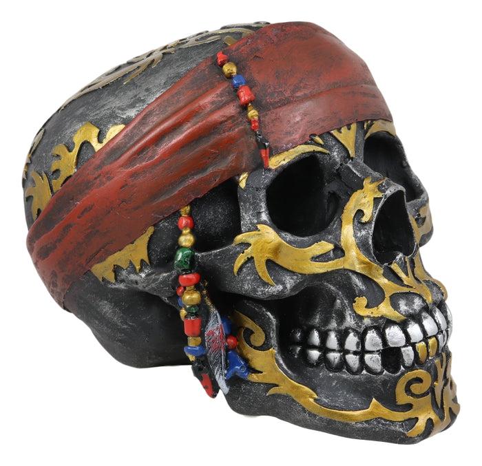 Ebros Gift Ebros Tribal Gold Tattoo Pirate Skull With Red Bandana Statue Halloween Decor