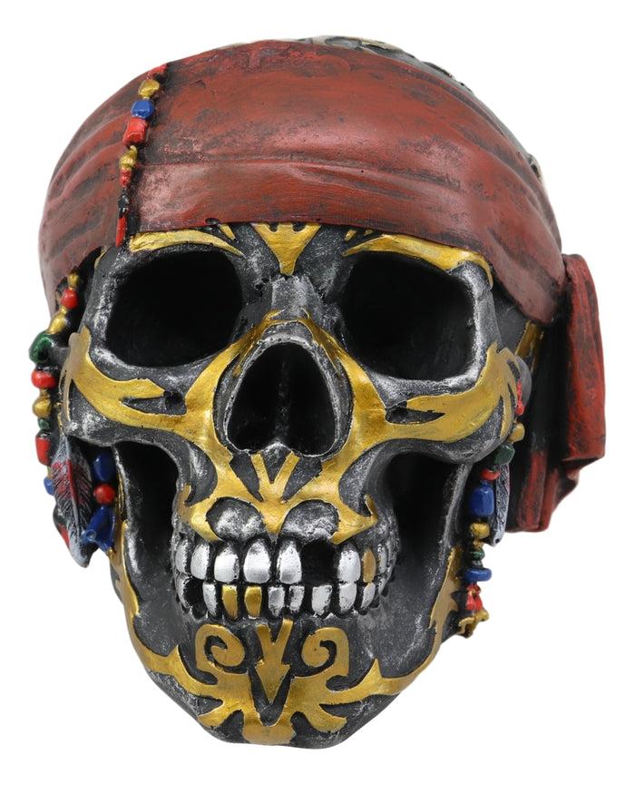 ebros gift Ebros Tribal Gold Tattoo Pirate Skull With Red Bandana Statue Halloween Decor