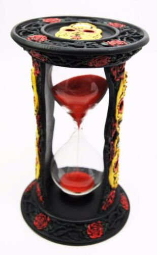 Ebros Gift Ebros Tribal Tattoo Yellow Sugar Skulls With Red Roses Black Sand Timer 6"H