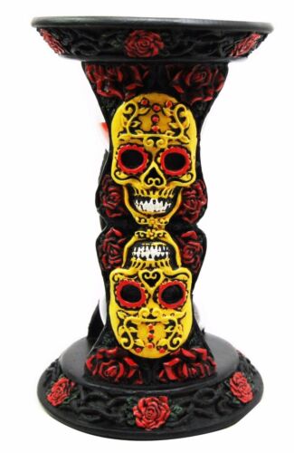 Ebros Gift Ebros Tribal Tattoo Yellow Sugar Skulls With Red Roses Black Sand Timer 6"H