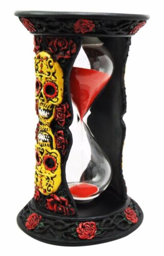Ebros Gift Ebros Tribal Tattoo Yellow Sugar Skulls With Red Roses Black Sand Timer 6"H