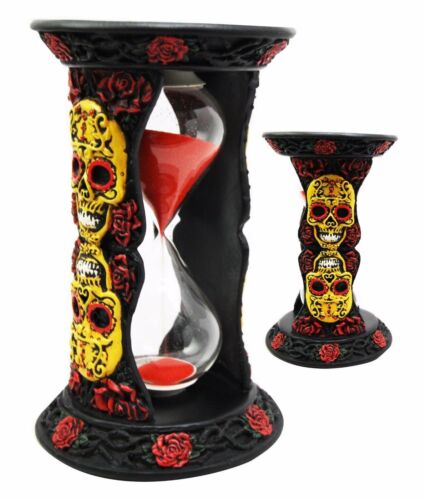 ebros gift Ebros Tribal Tattoo Yellow Sugar Skulls With Red Roses Black Sand Timer 6"H