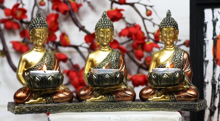 ebros gift Ebros Trikaya Three Meditating Buddha Votive Tea Light Candles Holder 10.75" L