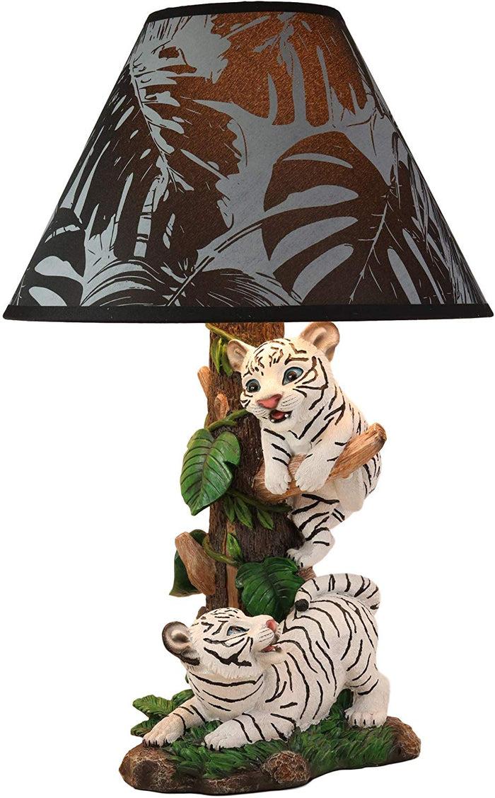 Ebros Gift Ebros Tropical Jungle Frolic Climbing Bengal Tiger Cubs Desktop Table Lamp Statue With Monstera Leaves Print Fabric Shade Tiger Home Decor Lighting Accent As Forest Large Cats (Siberian Albino White)