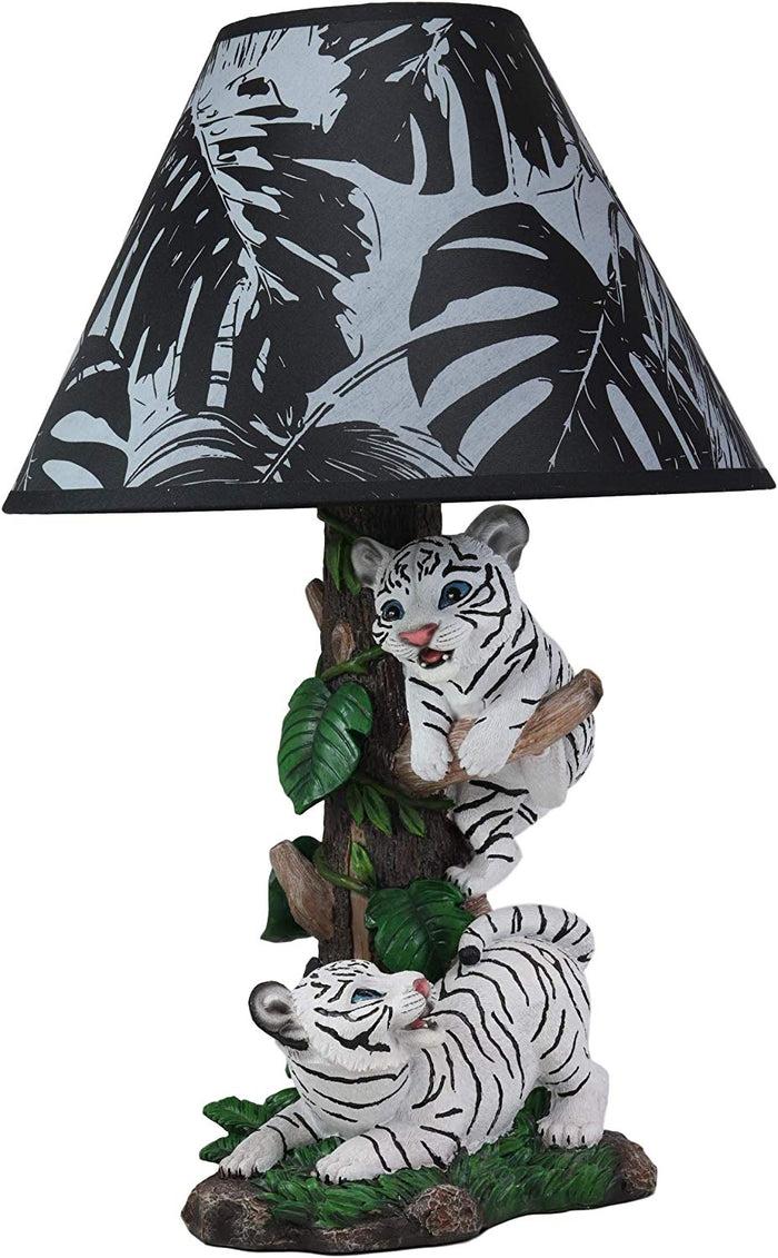 Ebros Gift Ebros Tropical Jungle Frolic Climbing Bengal Tiger Cubs Desktop Table Lamp Statue With Monstera Leaves Print Fabric Shade Tiger Home Decor Lighting Accent As Forest Large Cats (Siberian Albino White)
