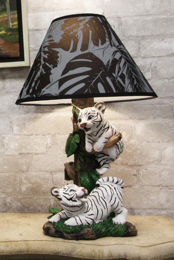 ebros gift Ebros Tropical Jungle Frolic Climbing Bengal Tiger Cubs Desktop Table Lamp Statue with Monstera Leaves Print Fabric Shade Tiger Home Decor Lighting Accent As Forest Large Cats (Siberian Albino White)