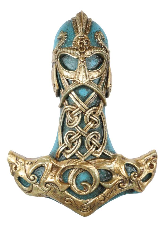 Ebros Gift Ebros Turquoise Gold Colored Thor Hammer Viking God Thor's Mjolnir Wall Decor