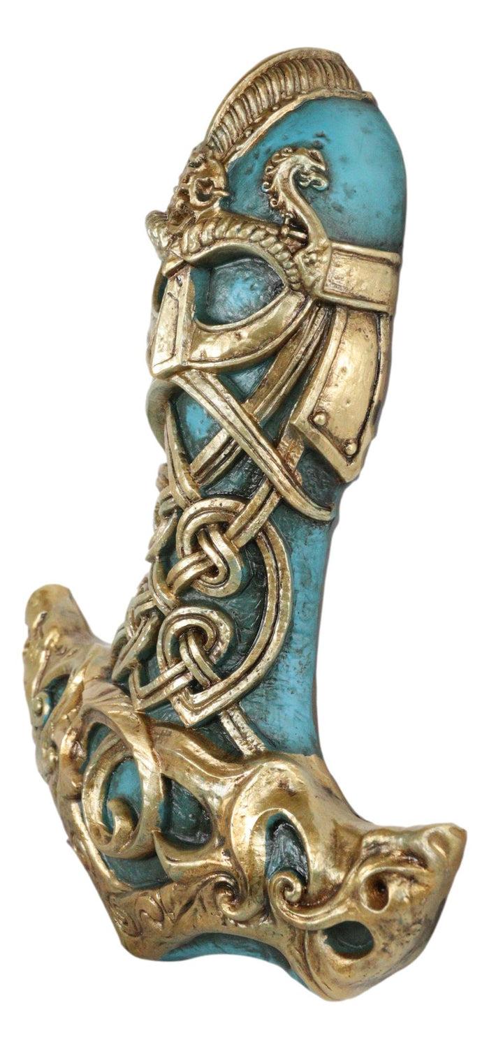 Ebros Gift Ebros Turquoise Gold Colored Thor Hammer Viking God Thor's Mjolnir Wall Decor