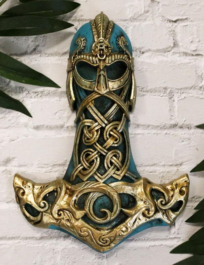 ebros gift Ebros Turquoise Gold Colored Thor Hammer Viking God Thor's Mjolnir Wall Decor