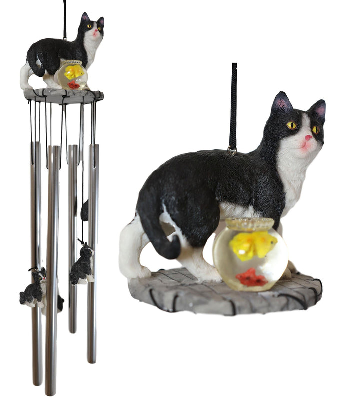 Ebros Gift Ebros Tuxedo Black Kitty Cat With Fish Bowl Resonant Wind Chime 18.5"H Garden