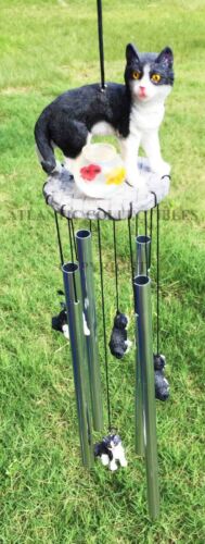 Ebros Gift Ebros Tuxedo Black Kitty Cat With Fish Bowl Resonant Wind Chime 18.5"H Garden