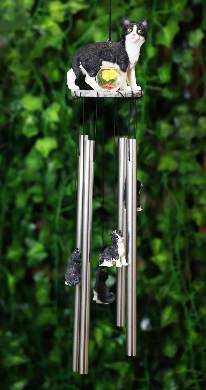ebros gift Ebros Tuxedo Black Kitty Cat with Fish Bowl Resonant Wind Chime 18.5"H Garden