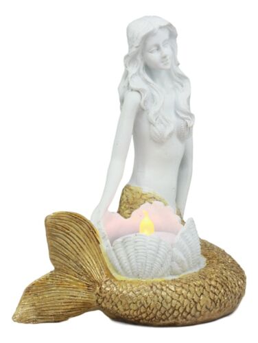 Ebros Gift Ebros Under The Sea Golden Mermaid Candle Holder Statue 6.75" Tall Nautical Mermaid Holding Oyster Shells Figurine