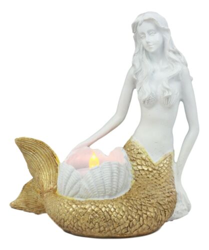 Ebros Gift Ebros Under The Sea Golden Mermaid Candle Holder Statue 6.75" Tall Nautical Mermaid Holding Oyster Shells Figurine